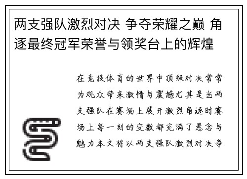 两支强队激烈对决 争夺荣耀之巅 角逐最终冠军荣誉与领奖台上的辉煌