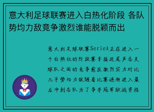 意大利足球联赛进入白热化阶段 各队势均力敌竞争激烈谁能脱颖而出