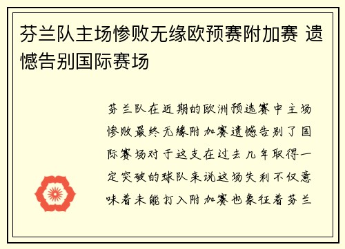 芬兰队主场惨败无缘欧预赛附加赛 遗憾告别国际赛场