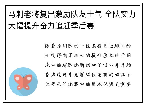 马刺老将复出激励队友士气 全队实力大幅提升奋力追赶季后赛