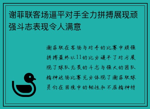 谢菲联客场逼平对手全力拼搏展现顽强斗志表现令人满意