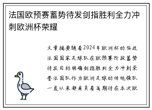 法国欧预赛蓄势待发剑指胜利全力冲刺欧洲杯荣耀